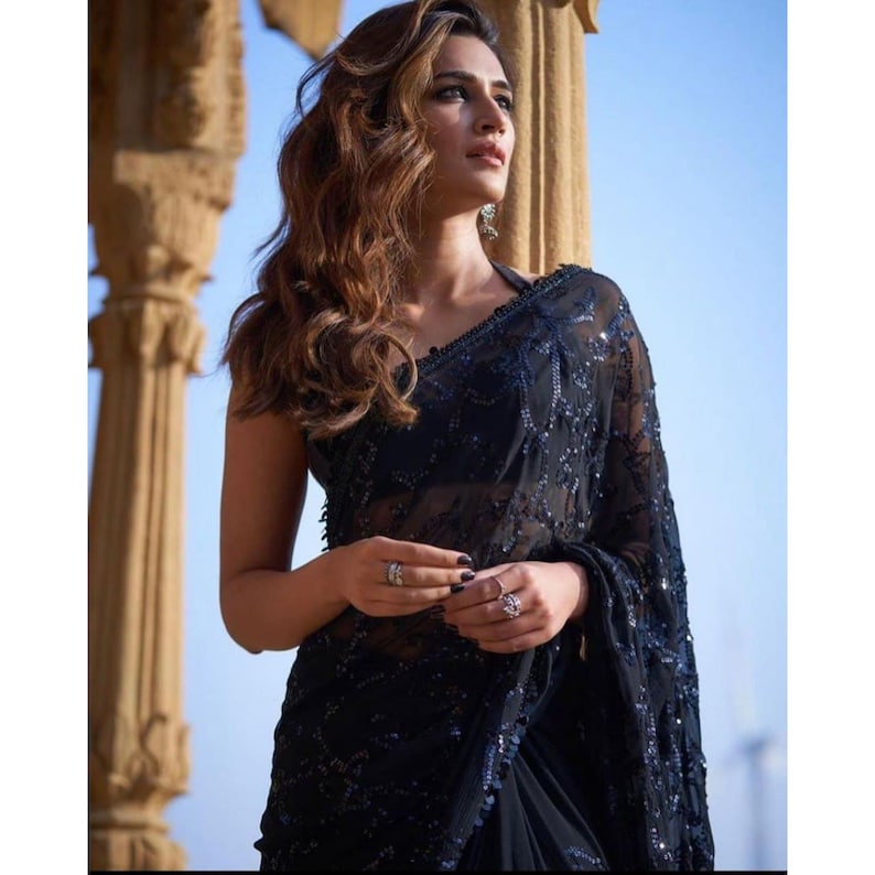  Ready To Wear Saree with Black Sequins and Designer Details