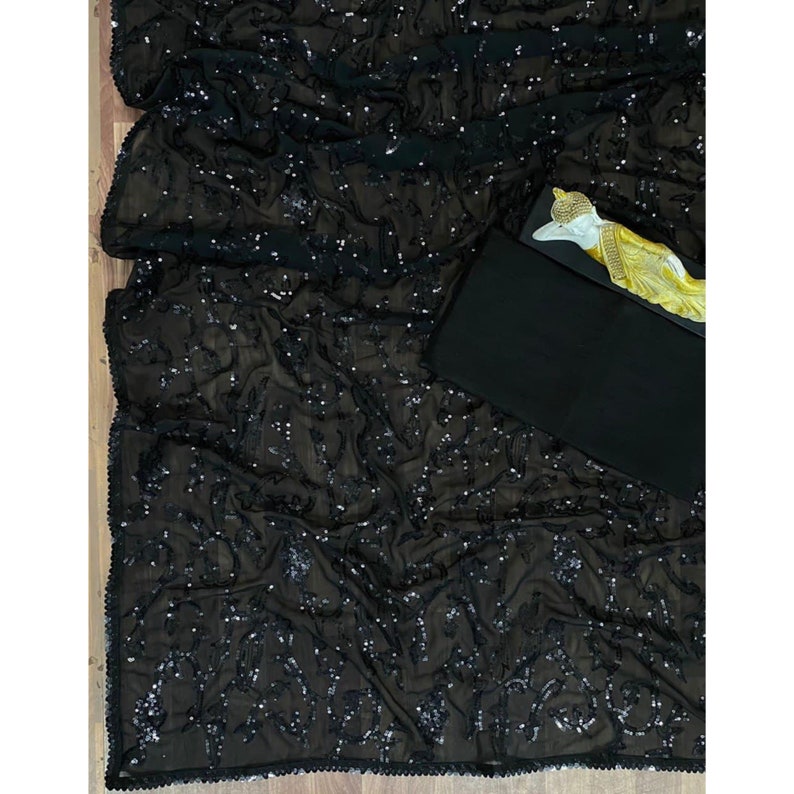 Black Sequins Designer Bollywood Inspired Saree For Indian Weddings Reception Cocktail Party wear, Ready To Wear Saree, Pre Stitched Saree  - INSPIRED
