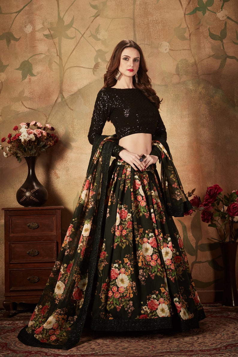 Sbyasachi Black lehenga Choli with Digital Print Dori, Zari and Sequins Embroidery Work& nett dupatta, new indian custom made women wear  - INSPIRED