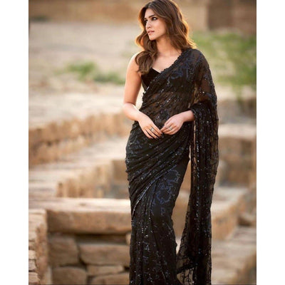 Black Sequins Designer Bollywood Inspired Saree For Indian Weddings Reception Cocktail Party wear, Ready To Wear Saree, Pre Stitched Saree  - INSPIRED