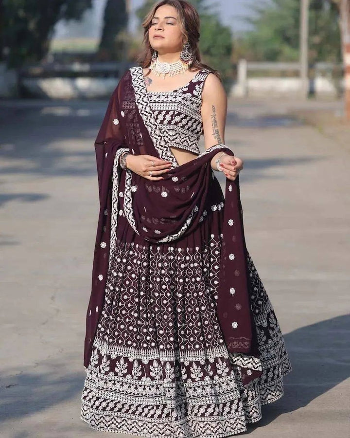 Dark Wine Color Embroidered Attractive Party Wear Silk Lehenga choli party wear lehenga,bollywood style party trend for indian women  - INSPIRED