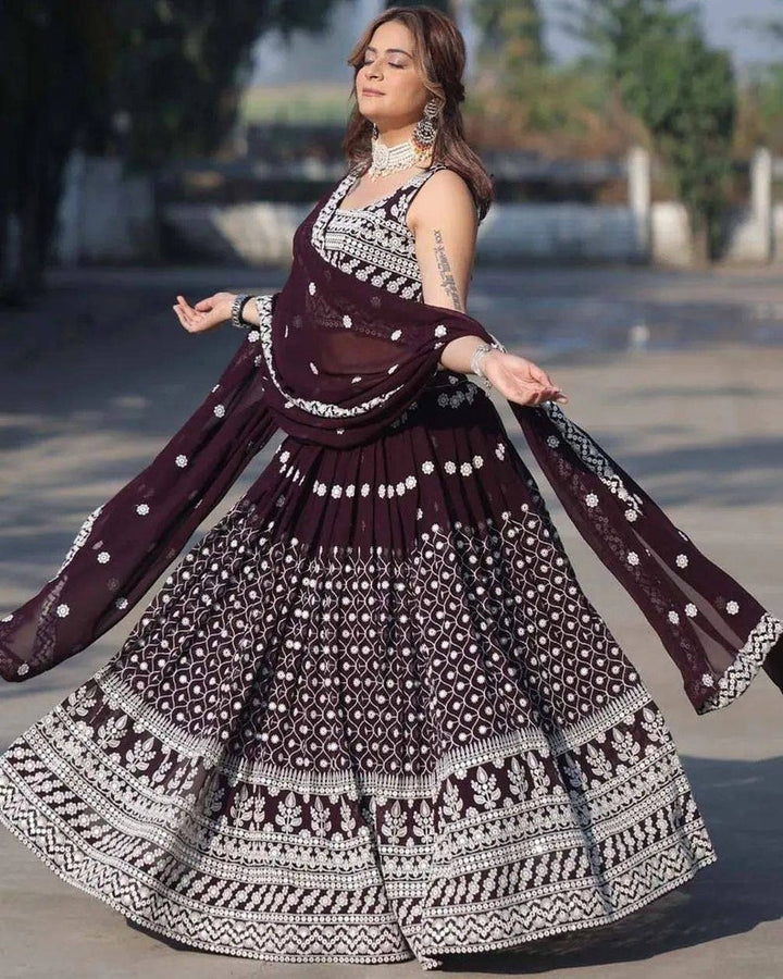 Dark Wine Color Embroidered Attractive Party Wear Silk Lehenga choli party wear lehenga,bollywood style party trend for indian women  - INSPIRED