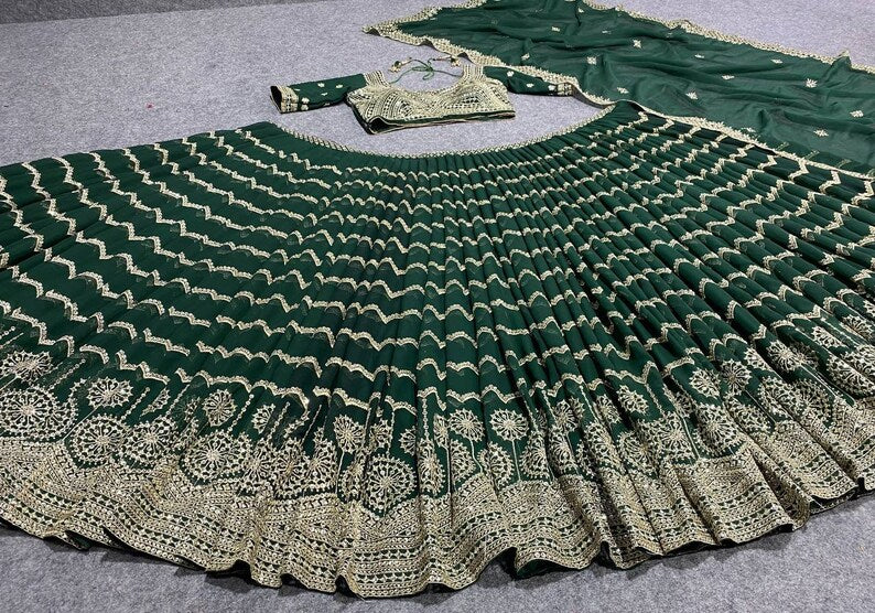 Designer Green lehnga choli for woman with designer embroidered blouse bollywood trend full sequence work , party wear lehenga for girls  - INSPIRED