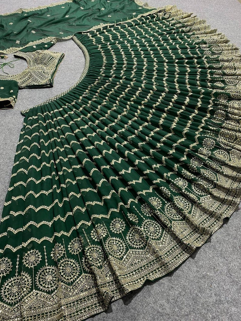 Designer Green lehnga choli for woman with designer embroidered blouse bollywood trend full sequence work , party wear lehenga for girls  - INSPIRED