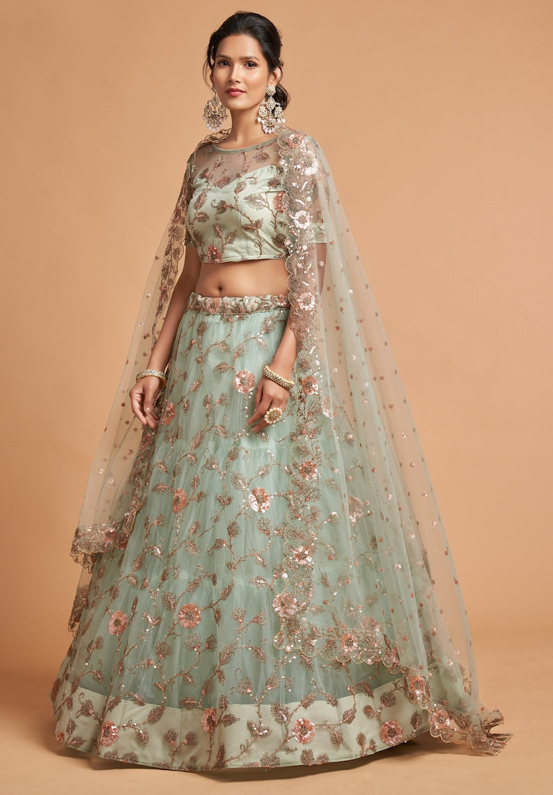 Designer Sky Blue lehenga choli with Zari and Multiple Sequence Embroidery Work for woman party wear lehenga choli with dupatta  - INSPIRED