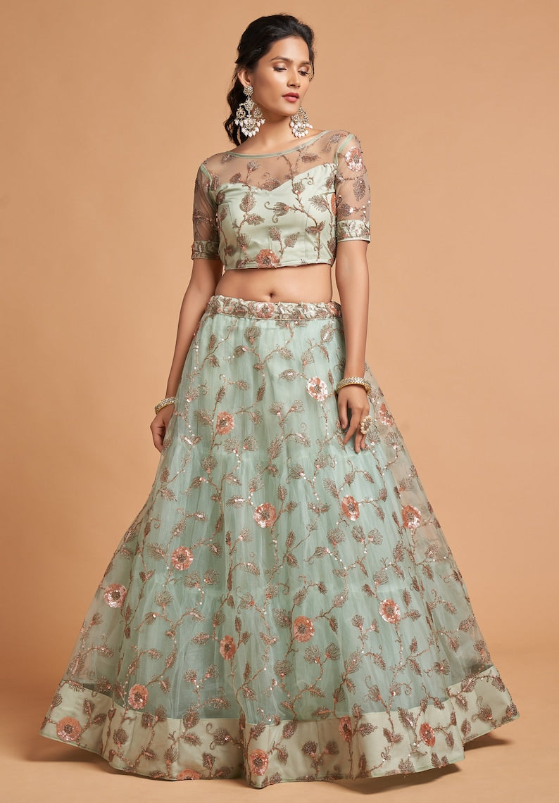 Designer Sky Blue lehenga choli with Zari and Multiple Sequence Embroidery Work for woman party wear lehenga choli with dupatta  - INSPIRED