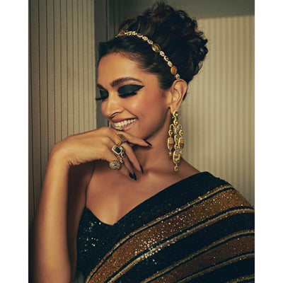 Deepika Padukone Inspired Black And Gold Sequins Saree, Indian Wedding Reception Cocktail Party Wear Saree, Designer Saree For Women  - INSPIRED