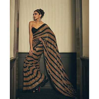 Deepika Padukone Inspired Black And Gold Sequins Saree, Indian Wedding Reception Cocktail Party Wear Saree, Designer Saree For Women  - INSPIRED