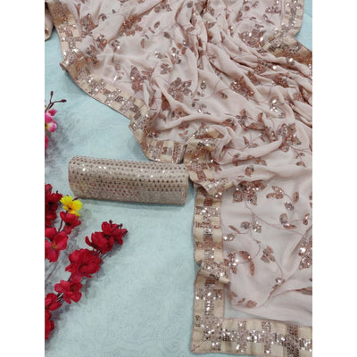 Beige Sequins Party Wear Saree For Women, Wedding Reception Cocktail Saree, Ready To Wear Pre Stitched Saree, Stitched Blouse Saree  - INSPIRED