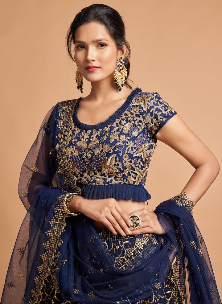 Designer Navy Blue lehenga choli with Zari and Multiple Sequence Embroidery Work for woman party wear lehenga choli with dupatta  - INSPIRED