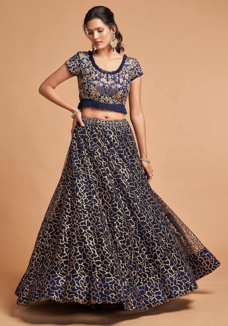 Designer Navy Blue lehenga choli with Zari and Multiple Sequence Embroidery Work for woman party wear lehenga choli with dupatta  - INSPIRED