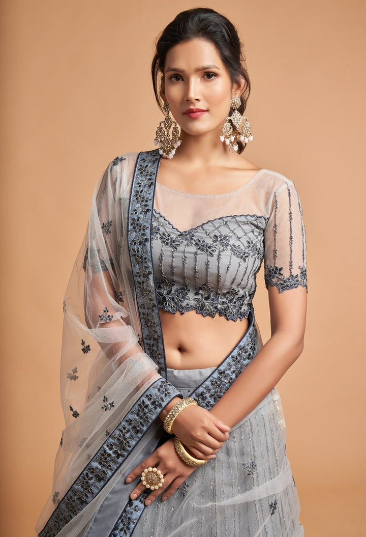 Designer Grey lehenga choli with Zari and Multiple Sequence Embroidery Work for woman party wear lehenga choli with dupatta  - INSPIRED