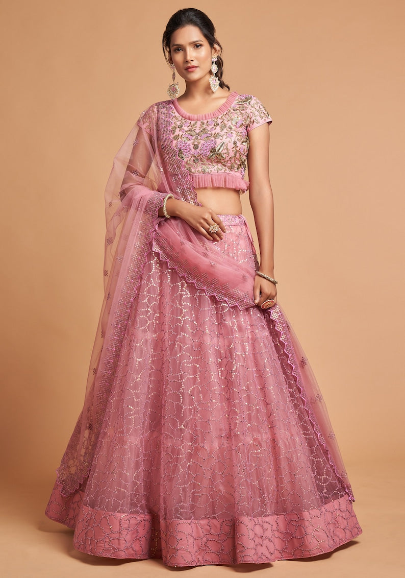 Designer Blush Pink lehenga choli with Zari and Multiple Sequence Embroidery Work for woman party wear lehenga choli with dupatta  - INSPIRED