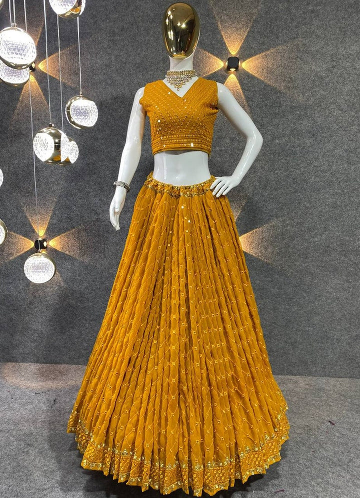 Designer Yellow Embroidery with sequence work lehenga choli, with embroidered blouse and duptta, wedding wear lehenga choli for woman  - INSPIRED