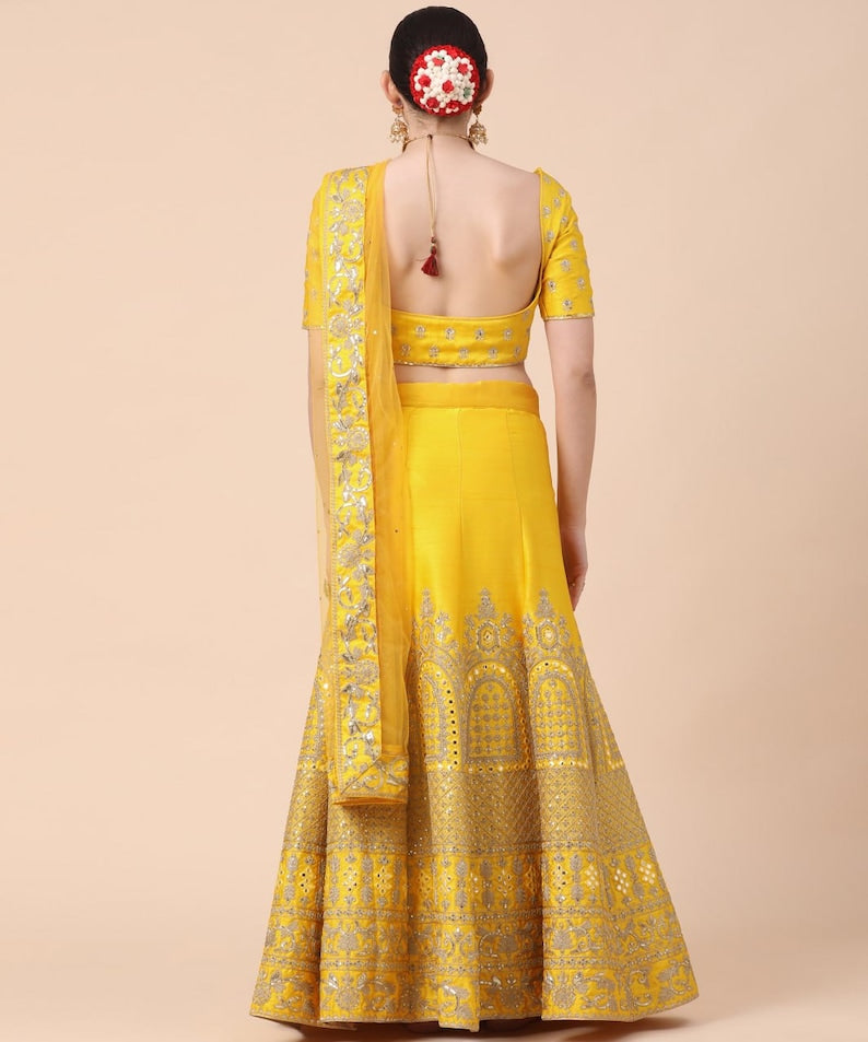 Yellow Designer Sabyasachi lehenga with zari & thread embroidery work, Wedding Lehenga Choli with designer Blouse and nett dupatta for woman  - INSPIRED