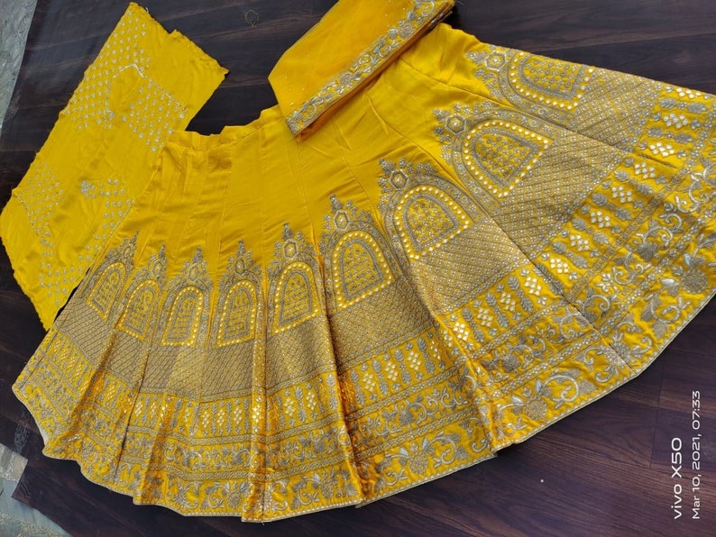 Yellow Designer Sabyasachi lehenga with zari & thread embroidery work, Wedding Lehenga Choli with designer Blouse and nett dupatta for woman  - INSPIRED