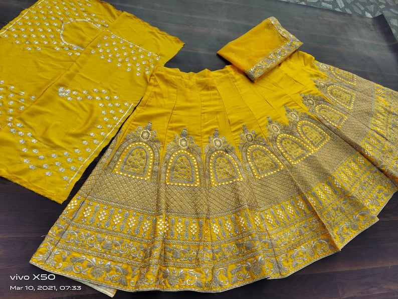 Yellow Designer Sabyasachi lehenga with zari & thread embroidery work, Wedding Lehenga Choli with designer Blouse and nett dupatta for woman  - INSPIRED