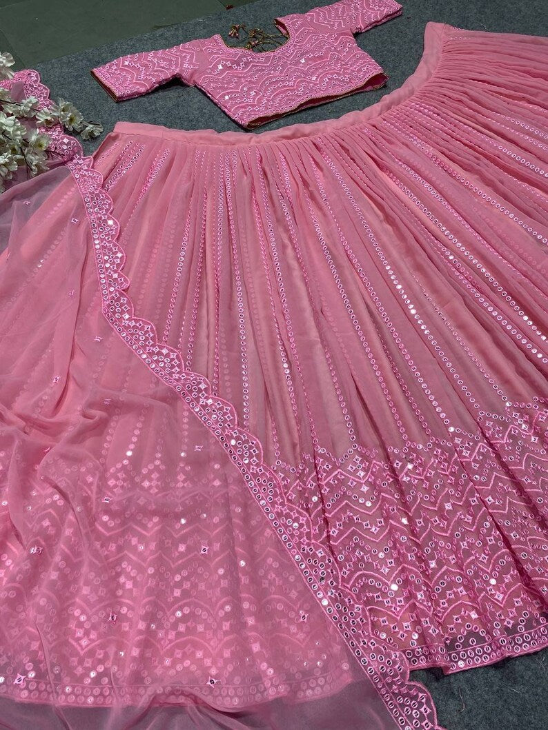 Pink Designer Party Wear Lehenga Choli With Dupatta  ,bollywood style indian ethnics wear , gujarati wedding wear lehenga choli for girl  - INSPIRED