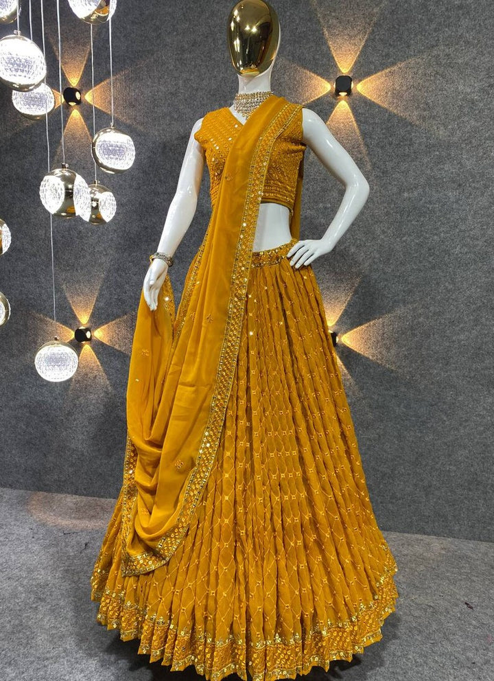 Designer Yellow Embroidery with sequence work lehenga choli, with embroidered blouse and duptta, wedding wear lehenga choli for woman  - INSPIRED