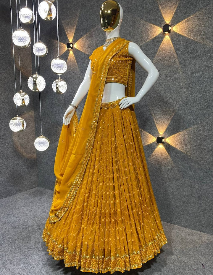 Designer Yellow Embroidery with sequence work lehenga choli, with embroidered blouse and duptta, wedding wear lehenga choli for woman  - INSPIRED