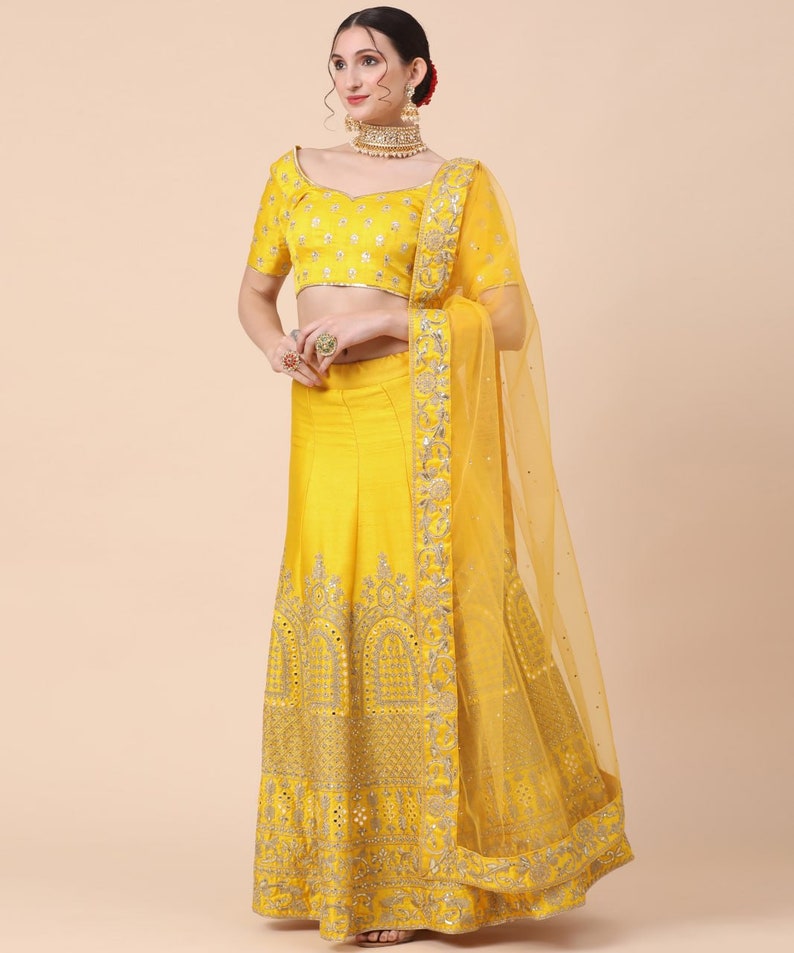 Yellow Designer Sabyasachi lehenga with zari & thread embroidery work, Wedding Lehenga Choli with designer Blouse and nett dupatta for woman  - INSPIRED