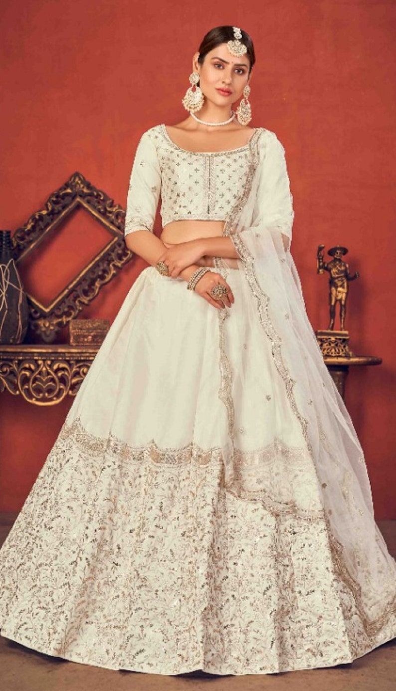 Designer white embroidered lehenga with designer blouse indian style dupatta party wear lehenga choli for girl and indian woman ethnic wear  - INSPIRED