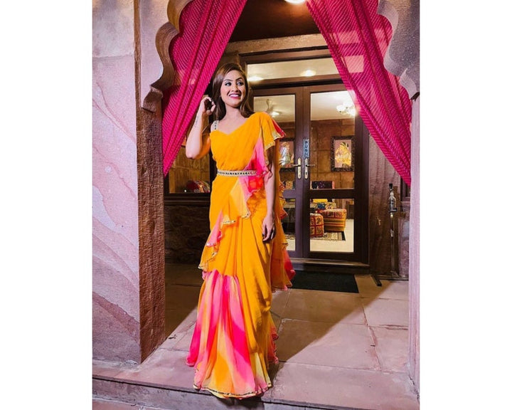 Yellow Pink Ruffles Saree With Belt, Indowestern Saree, Indian Wedding Mehendi Sangeet Haldi Bridesmaids Saree, Readymade Saree For Women  - INSPIRED