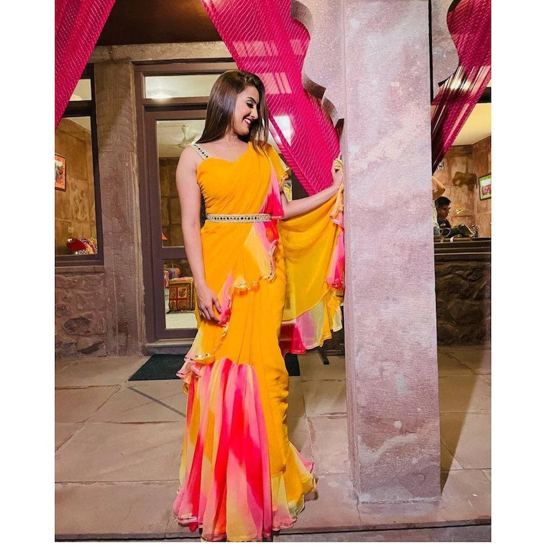 Yellow Pink Ruffles Saree With Belt, Indowestern Saree, Indian Wedding Mehendi Sangeet Haldi Bridesmaids Saree, Readymade Saree For Women  - INSPIRED
