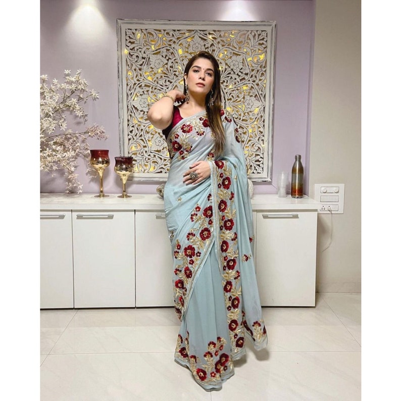 Blue Saree With Embroidery Work For Women, Indian Wedding Saree, Sarees For Women And Girls, Saree With Stitched Blouse, Pre Pleated  - INSPIRED