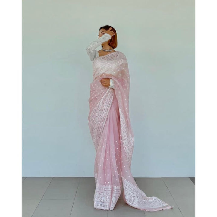 Baby Pink Organza Saree With White Blouse, Indian Wedding Mehendi Sangeet Bridesmaids Party Wear Saree, Stitched Indian Saree  - INSPIRED