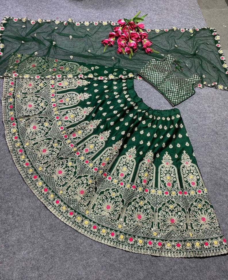 Designer Wedding Wear Embroidery Work lehenga Choli with Net Dupatta Indian Women,bollywood style gift item of wedding wear for girl  - INSPIRED