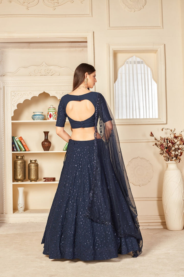 Designer Blue Fancy Thread Work With Sequence Work Lehenga with designer blouse indian style dupatta party wear lehenga choli  - INSPIRED