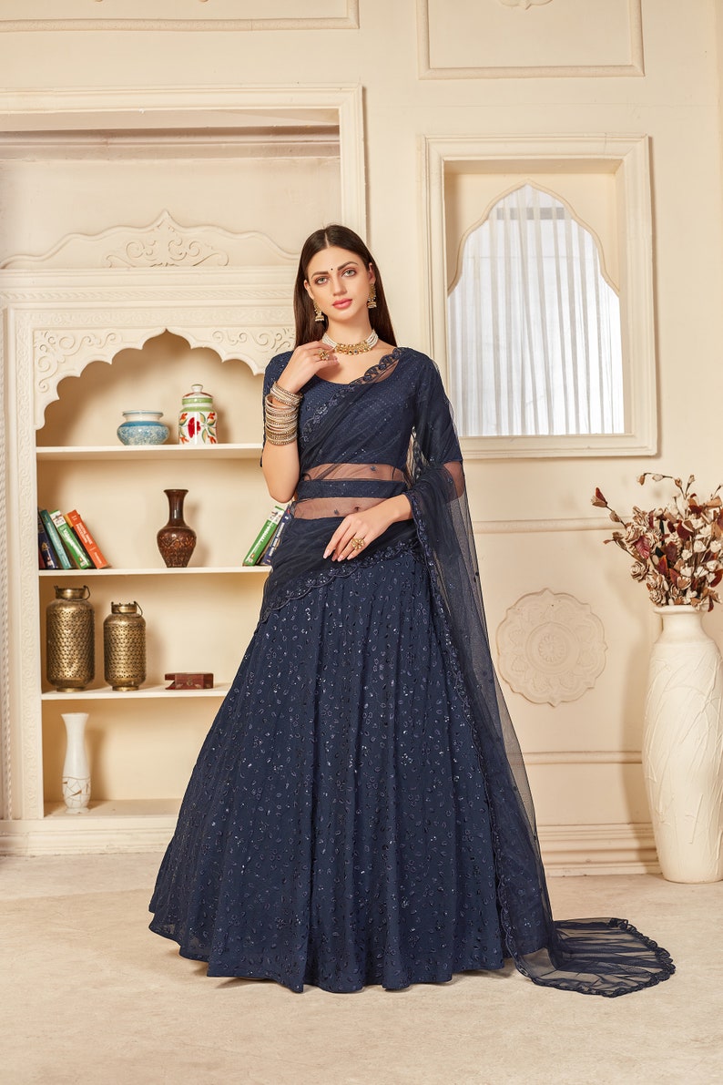 Designer Blue Fancy Thread Work With Sequence Work Lehenga with designer blouse indian style dupatta party wear lehenga choli  - INSPIRED