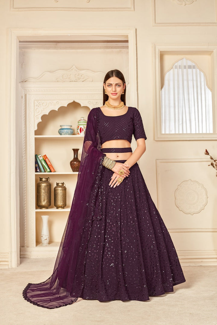 Designer Purple Fancy Thread Work With Sequence Work Lehenga with designer blouse indian style dupatta party wear lehenga choli  - INSPIRED