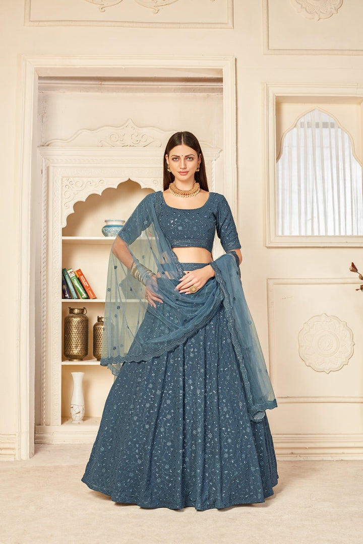 Designer Gray Fancy Thread Work With Sequence Work Lehenga with designer blouse indian style dupatta party wear lehenga choli  - INSPIRED