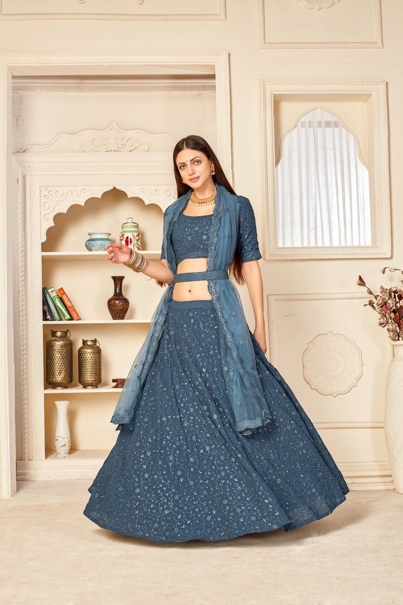 Designer Gray Fancy Thread Work With Sequence Work Lehenga with designer blouse indian style dupatta party wear lehenga choli  - INSPIRED