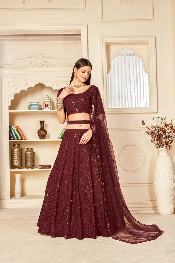 Designer Maroon Fancy Thread Work With Sequence Work Lehenga with designer blouse indian style dupatta party wear lehenga choli  - INSPIRED