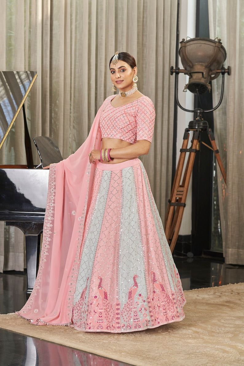 Sabyasachi Style Pink ehenga Choli with Heavy Embroidered sequence work Wedding lehenga choli  for party wear lehenga choli for Women  - INSPIRED