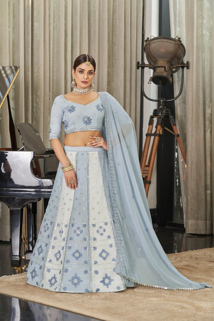 Sabyasachi Style White & Sky ehenga Choli with Heavy Embroidered sequence work Wedding lehenga choli for party wear lehenga choli for Women  - INSPIRED