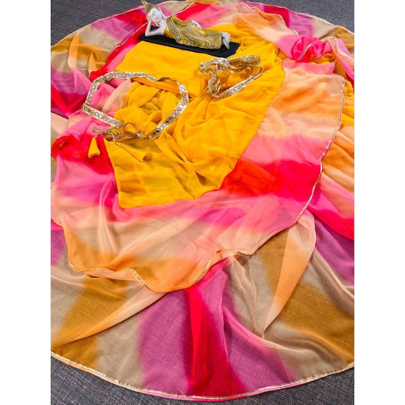 Yellow Pink Ruffles Saree With Belt, Indowestern Saree, Indian Wedding Mehendi Sangeet Haldi Bridesmaids Saree, Readymade Saree For Women  - INSPIRED