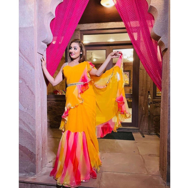 Yellow Pink Ruffles Saree With Belt, Indowestern Saree, Indian Wedding Mehendi Sangeet Haldi Bridesmaids Saree, Readymade Saree For Women  - INSPIRED