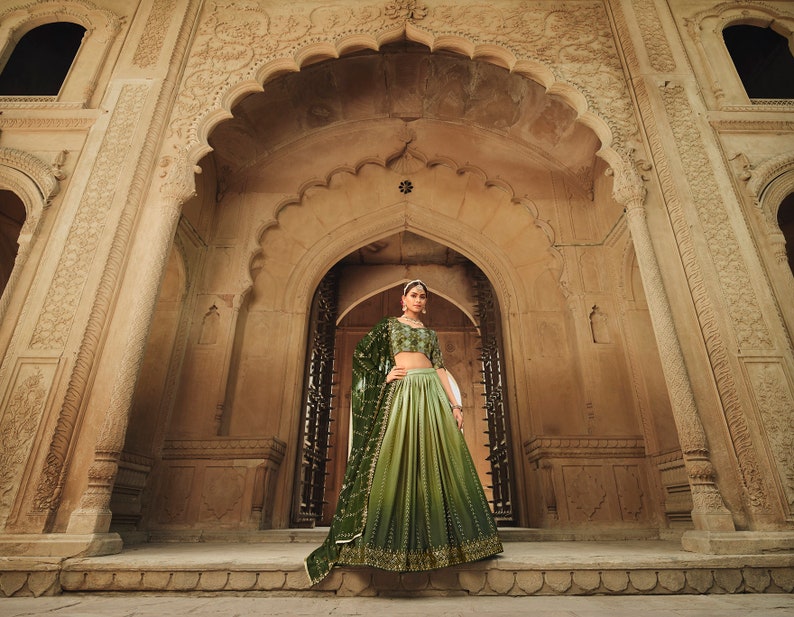 Sabyasachi Style Pista Green-Olive Lehenga with Embroidered sequence work Wedding lehenga choli  for party wear lehenga choli for Women  - INSPIRED