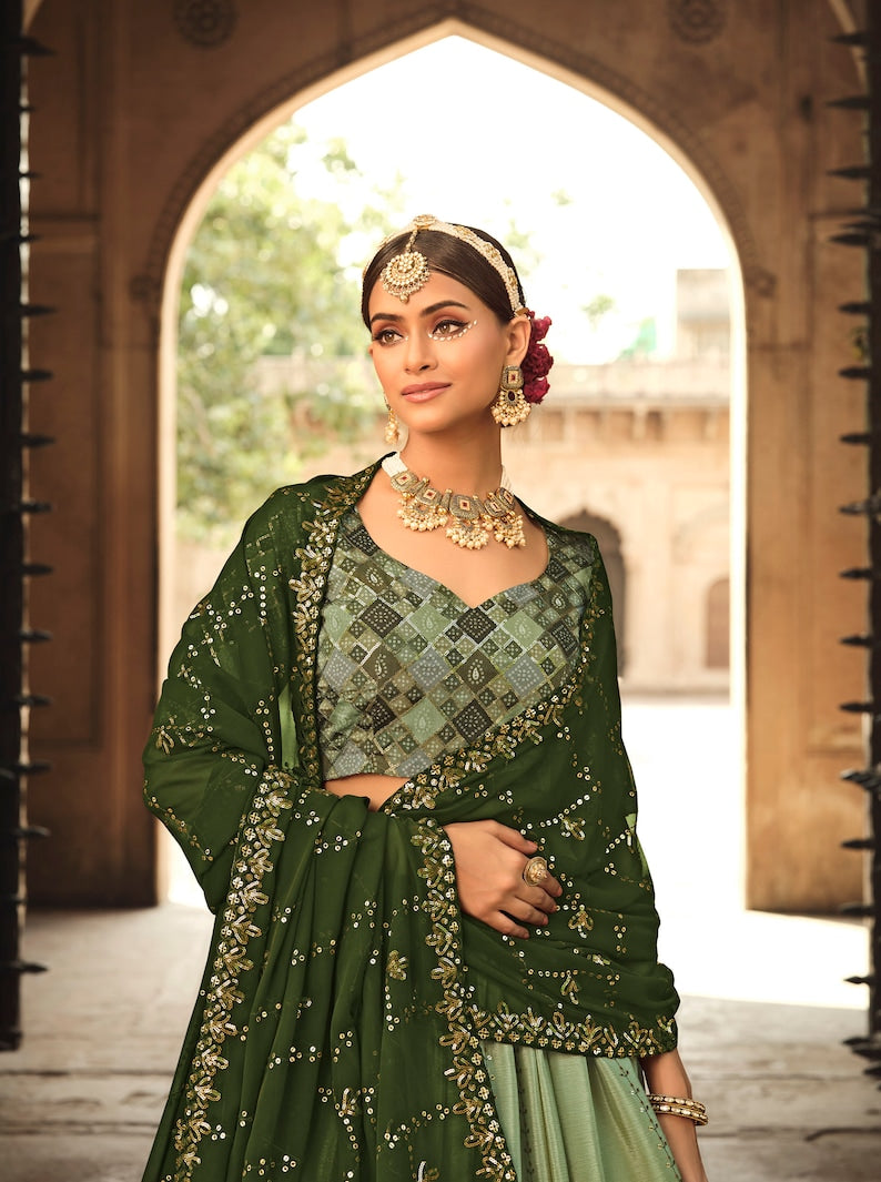 Sabyasachi Style Pista Green-Olive Lehenga with Embroidered sequence work Wedding lehenga choli  for party wear lehenga choli for Women  - INSPIRED