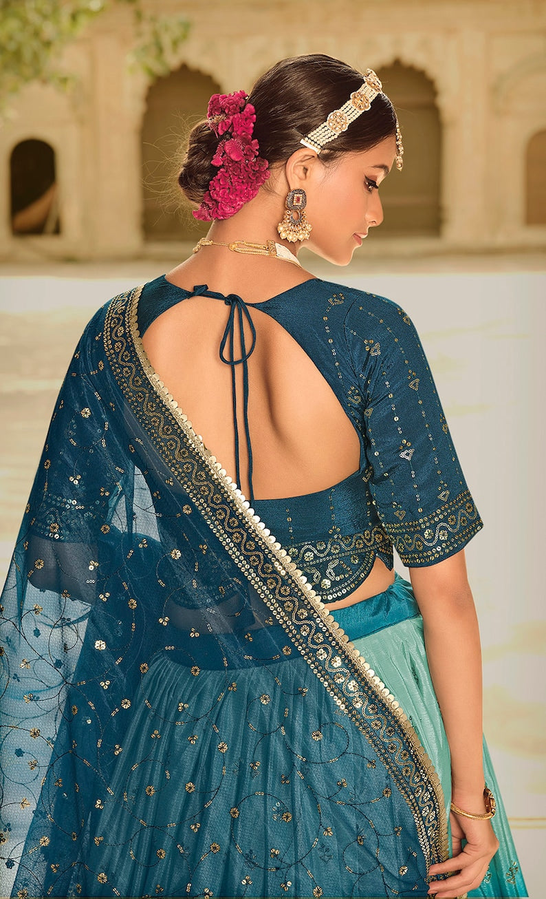 Sabyasachi Style Blue-Teal Blue Lehenga Choli with Embroidered sequence work Wedding lehenga choli  for party wear lehenga choli for Women  - INSPIRED