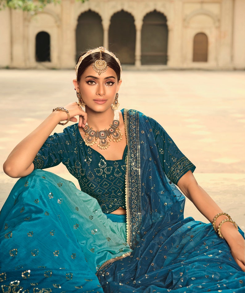 Sabyasachi Style Blue-Teal Blue Lehenga Choli with Embroidered sequence work Wedding lehenga choli  for party wear lehenga choli for Women  - INSPIRED