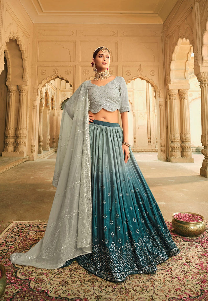 Sabyasachi Style Grey-Teal BLue Lehenga Choli with Embroidered sequence work Wedding lehenga choli  for party wear lehenga choli for Women  - INSPIRED