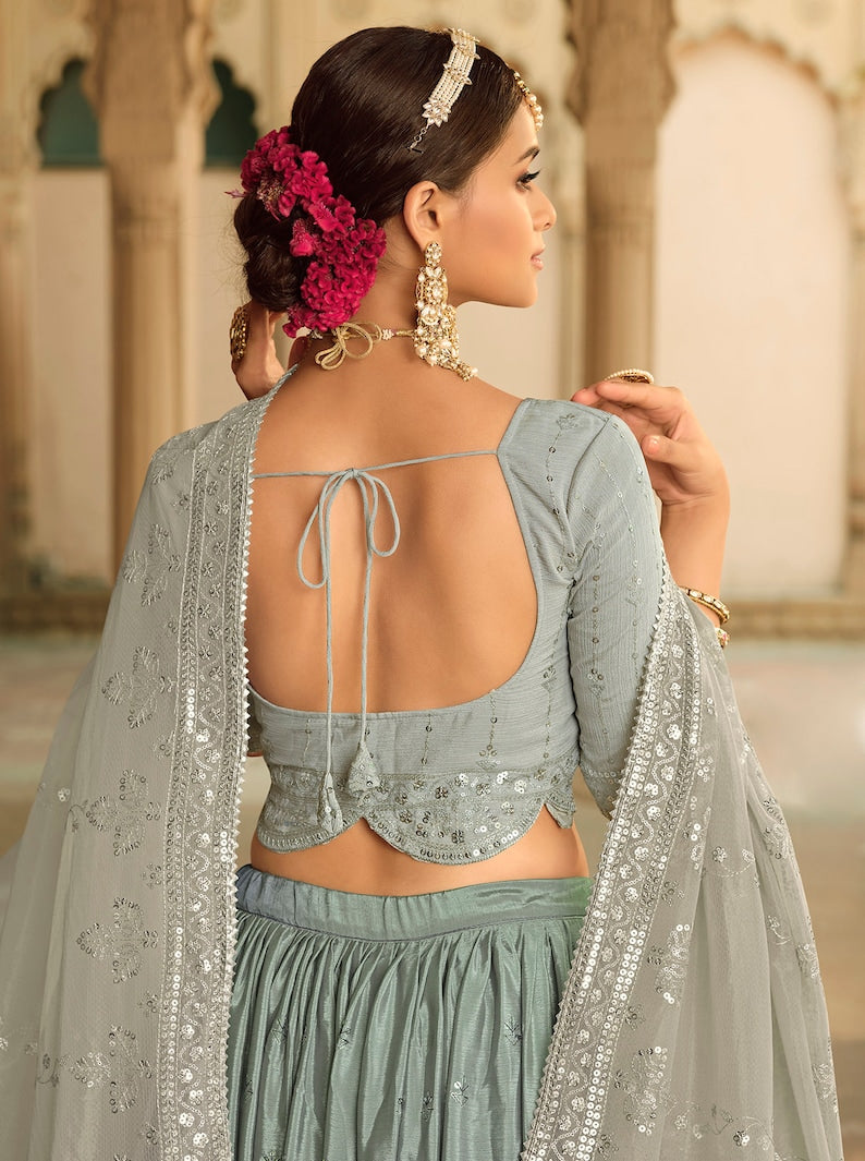 Sabyasachi Style Grey-Teal BLue Lehenga Choli with Embroidered sequence work Wedding lehenga choli  for party wear lehenga choli for Women  - INSPIRED