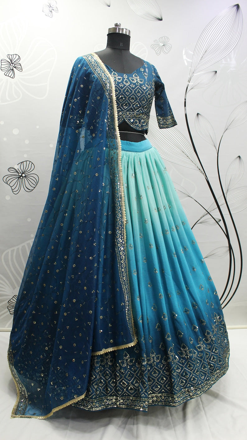 Sabyasachi Style Blue-Teal Blue Lehenga Choli with Embroidered sequence work Wedding lehenga choli  for party wear lehenga choli for Women  - INSPIRED