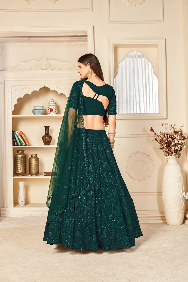 Designer Green Fancy Thread Work With Sequence Work Lehenga with designer blouse indian style dupatta party wear lehenga choli  - INSPIRED