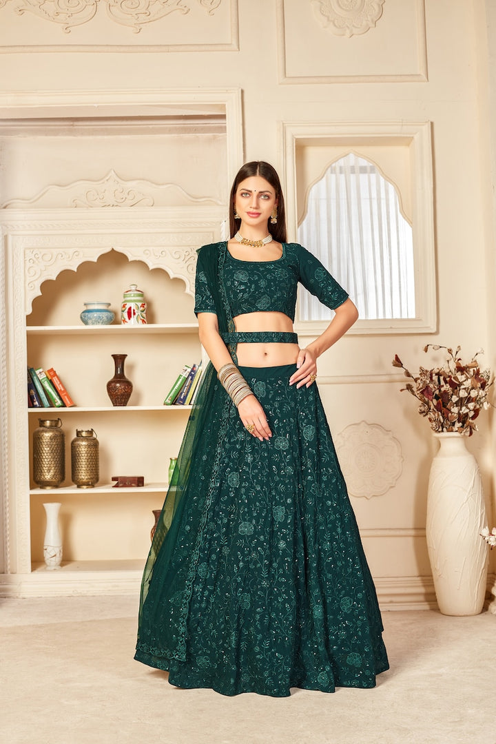 Designer Green Fancy Thread Work With Sequence Work Lehenga with designer blouse indian style dupatta party wear lehenga choli  - INSPIRED